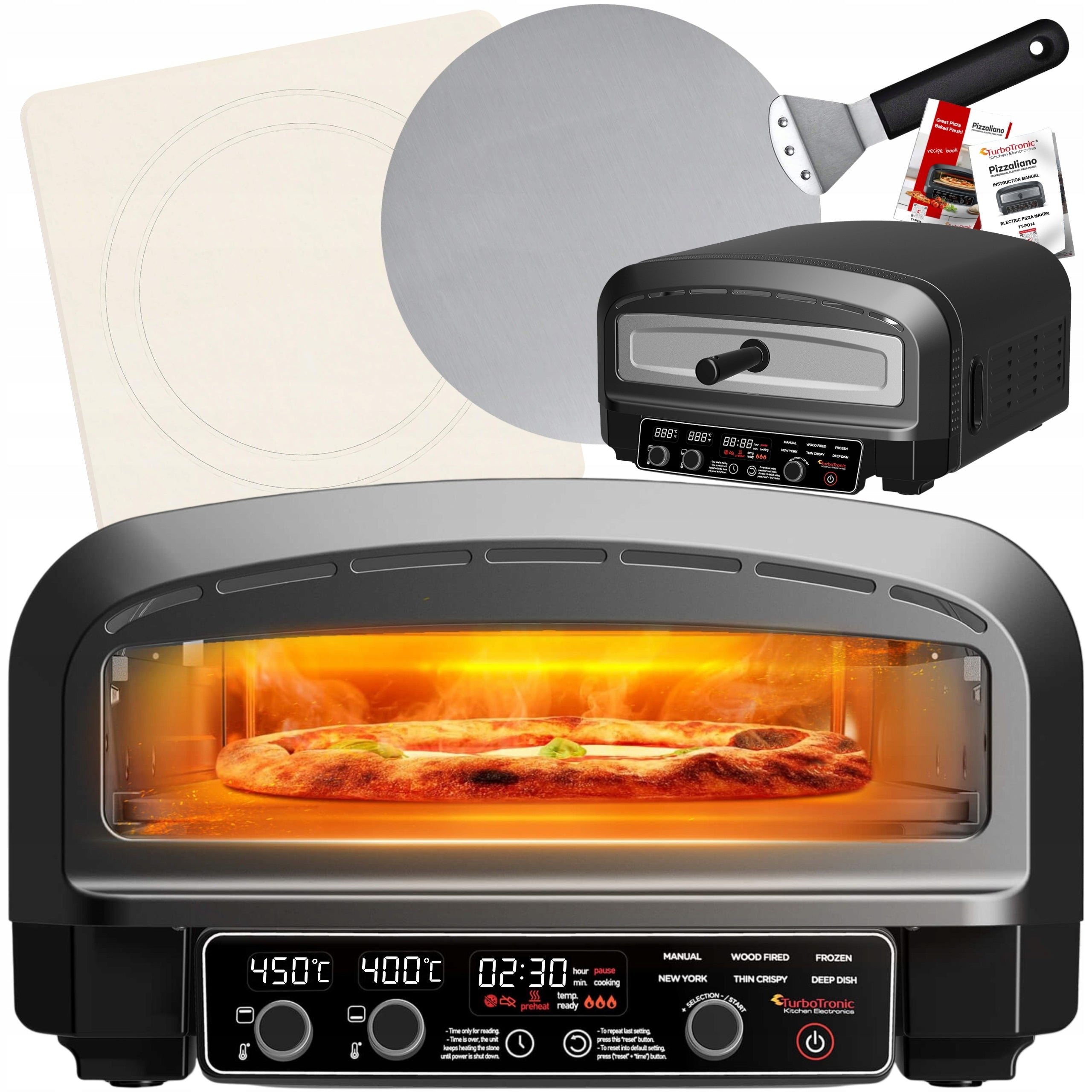Piec do pizzy elektryczny 2200 W 450°C z kamieniem szamotowym 37 cm łopata
