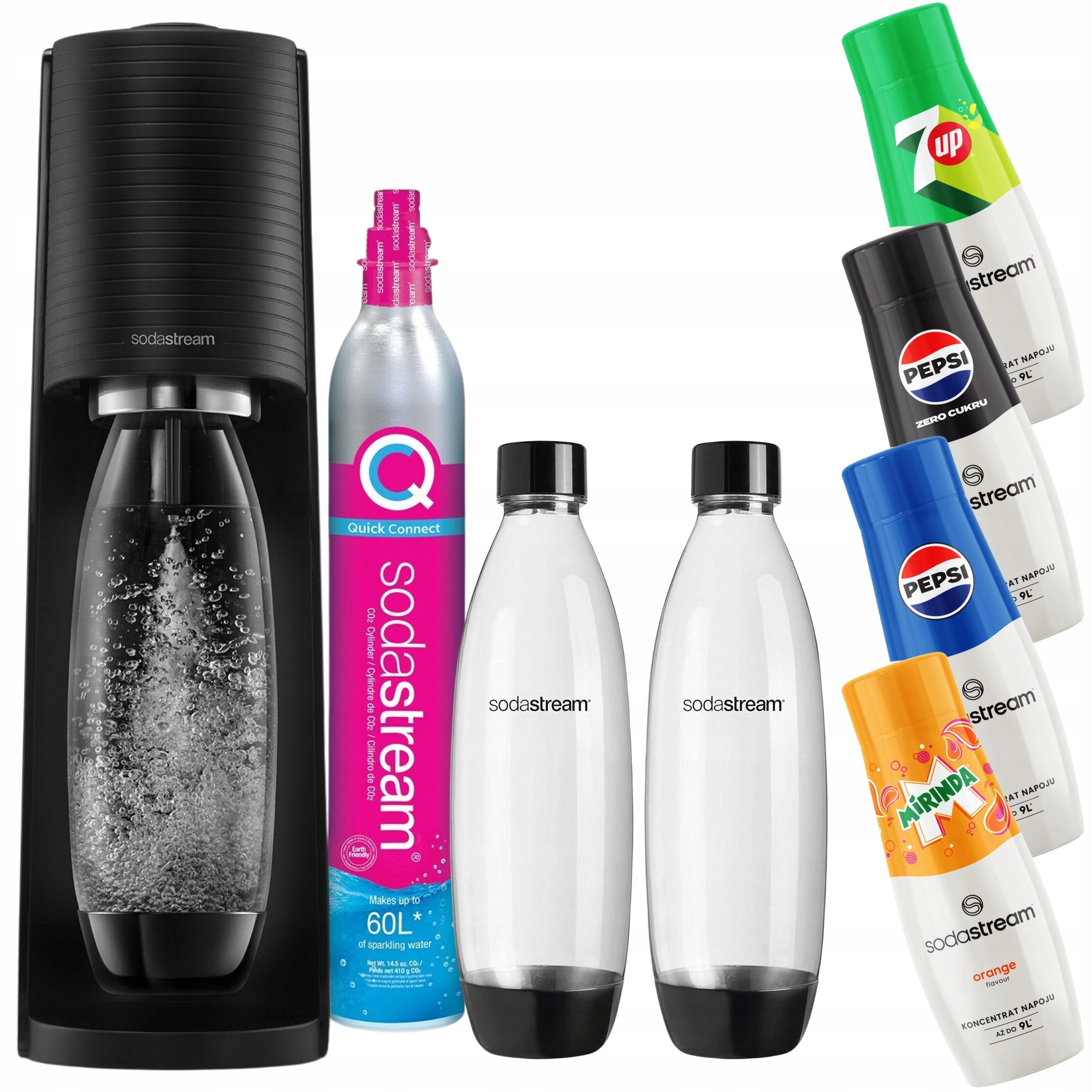 Saturator Sodastream Terra + 2 butelki + 4 syropy Pepsi 7Up Mirinda Pep Max(440 ml/Saturator Sodastream Terra + 2 butelki + 4 syropy Pepsi 7Up Mirinda Pep Max)