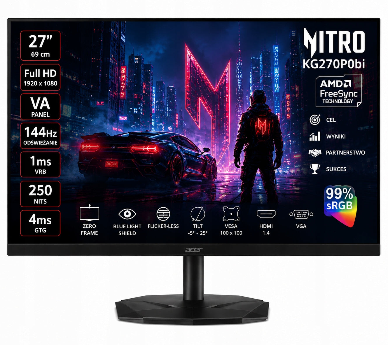 Acer MONITOR GAMINGOWY BEZRAMKOWY LED ACER 27 CALI FULL HD 144HZ HDMI FREESYNC